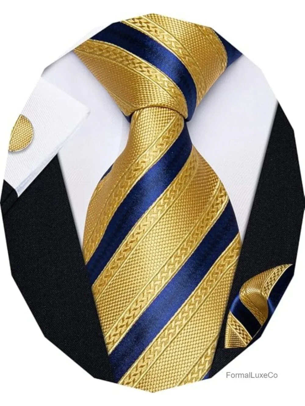 Silk Tie Pocket Square Cufflinks Set for Men Striped Jacquard